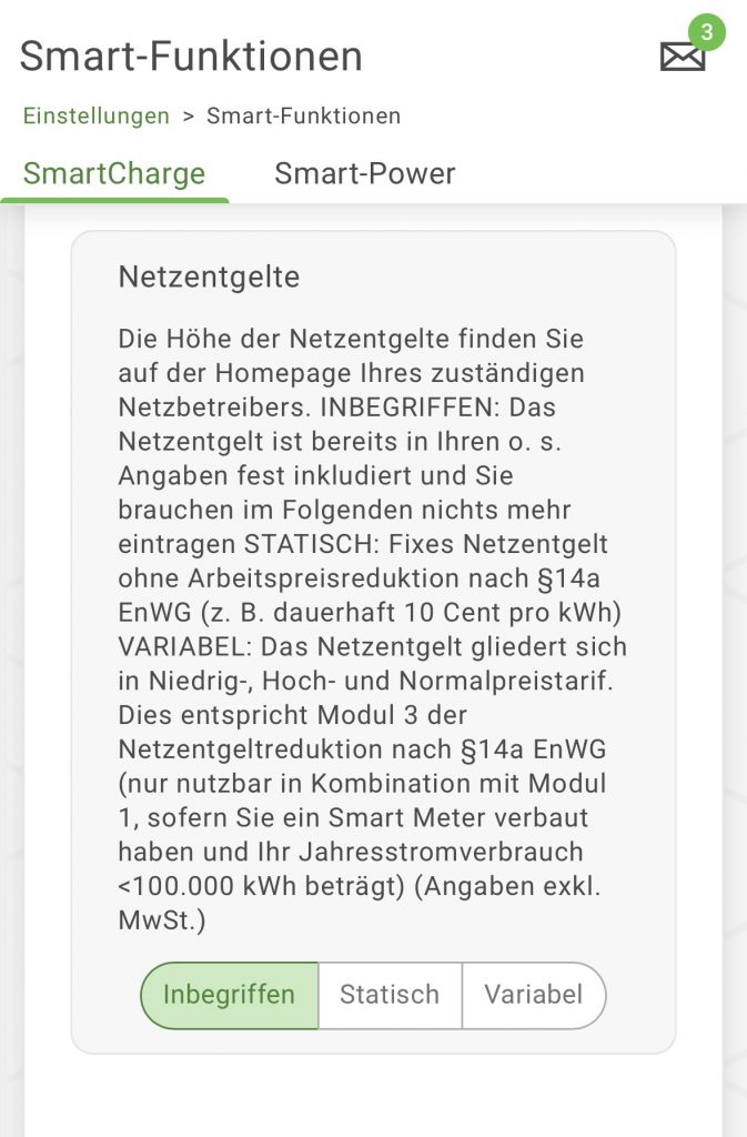 Abbildung 2: Einstellungsmöglichkeiten für Netzentgelte in der App.