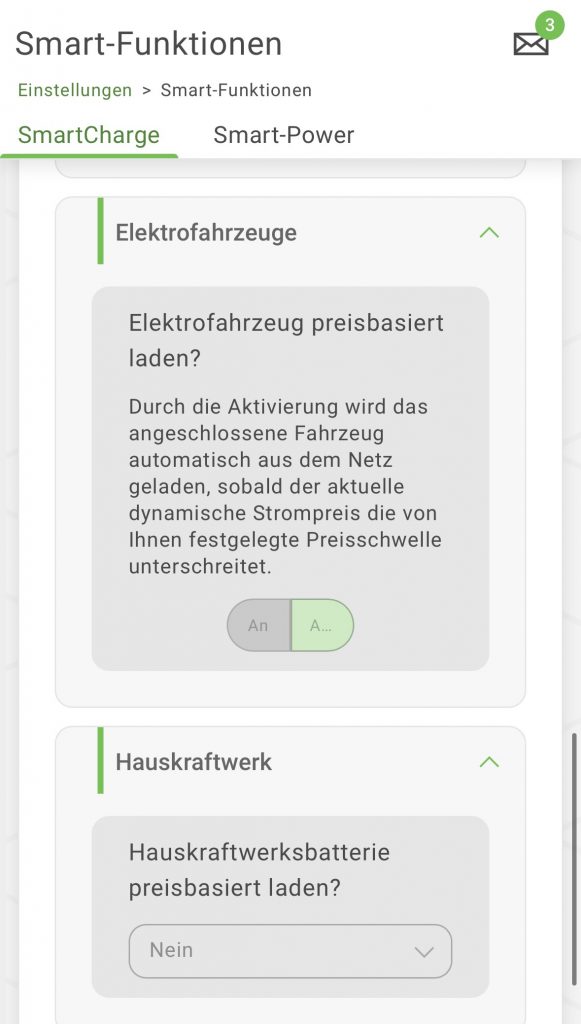 Abbildung 3: Smart-Funktion zum preisabhängigen Laden von Elektrofahrzeugen und Hauskraftwerkbatterien.